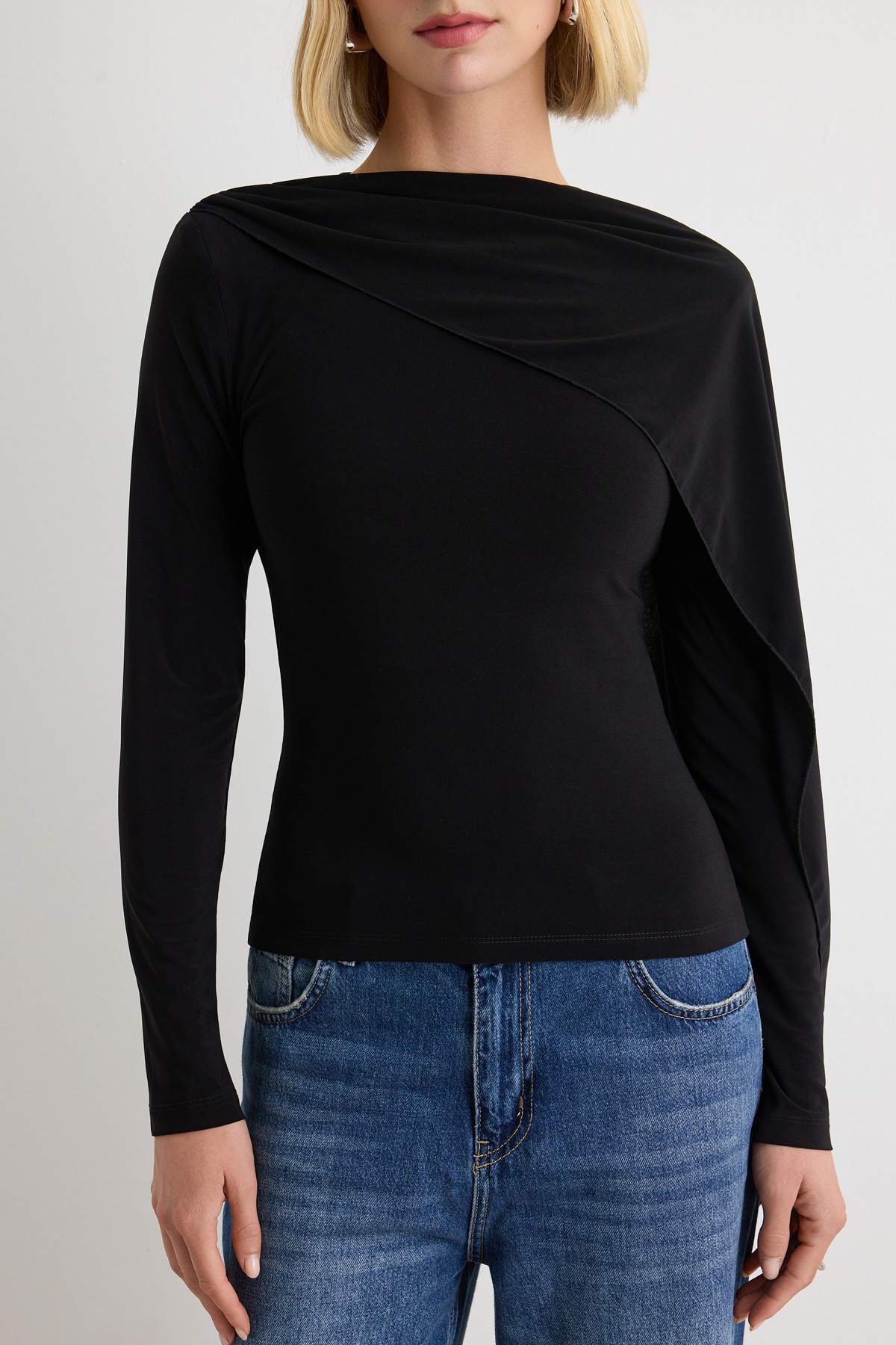Fitted Boat Neck Cape Detail Long Sleeve Blouse