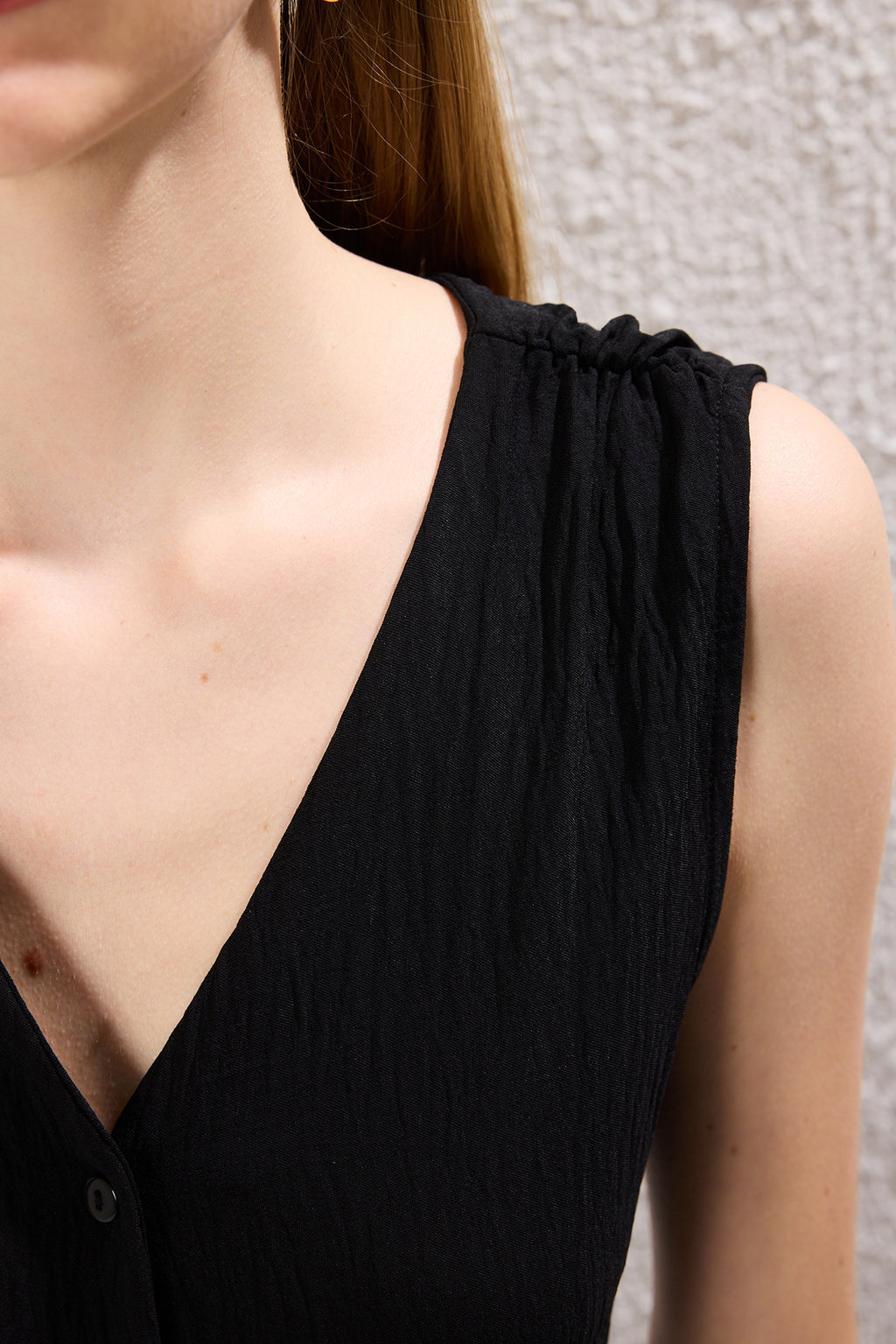 Button Detail Sleeveless V Neck Midi Shirt Dress