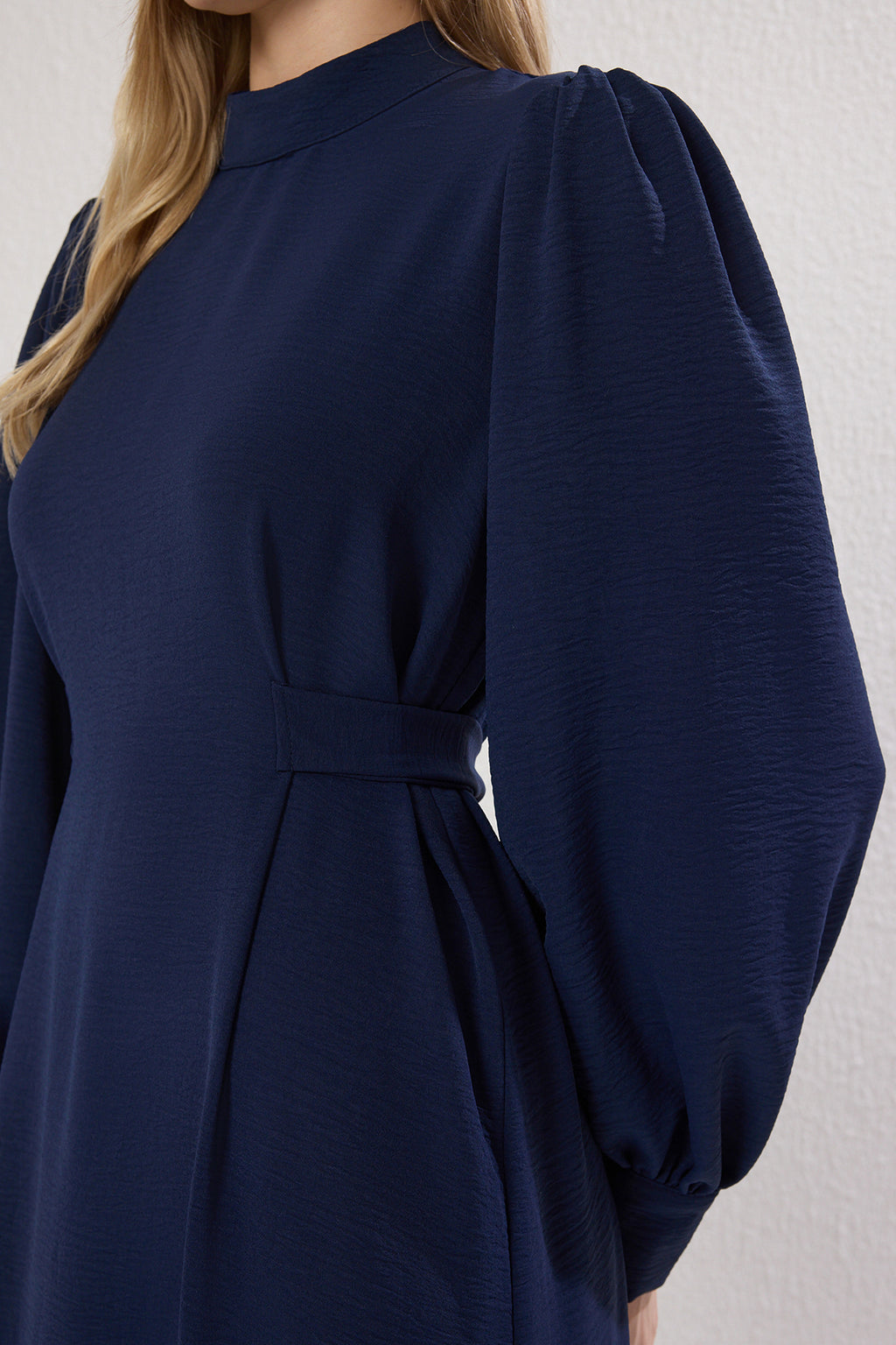 Stand Collar Balloon Sleeve Back Tie Detail Midi Dress