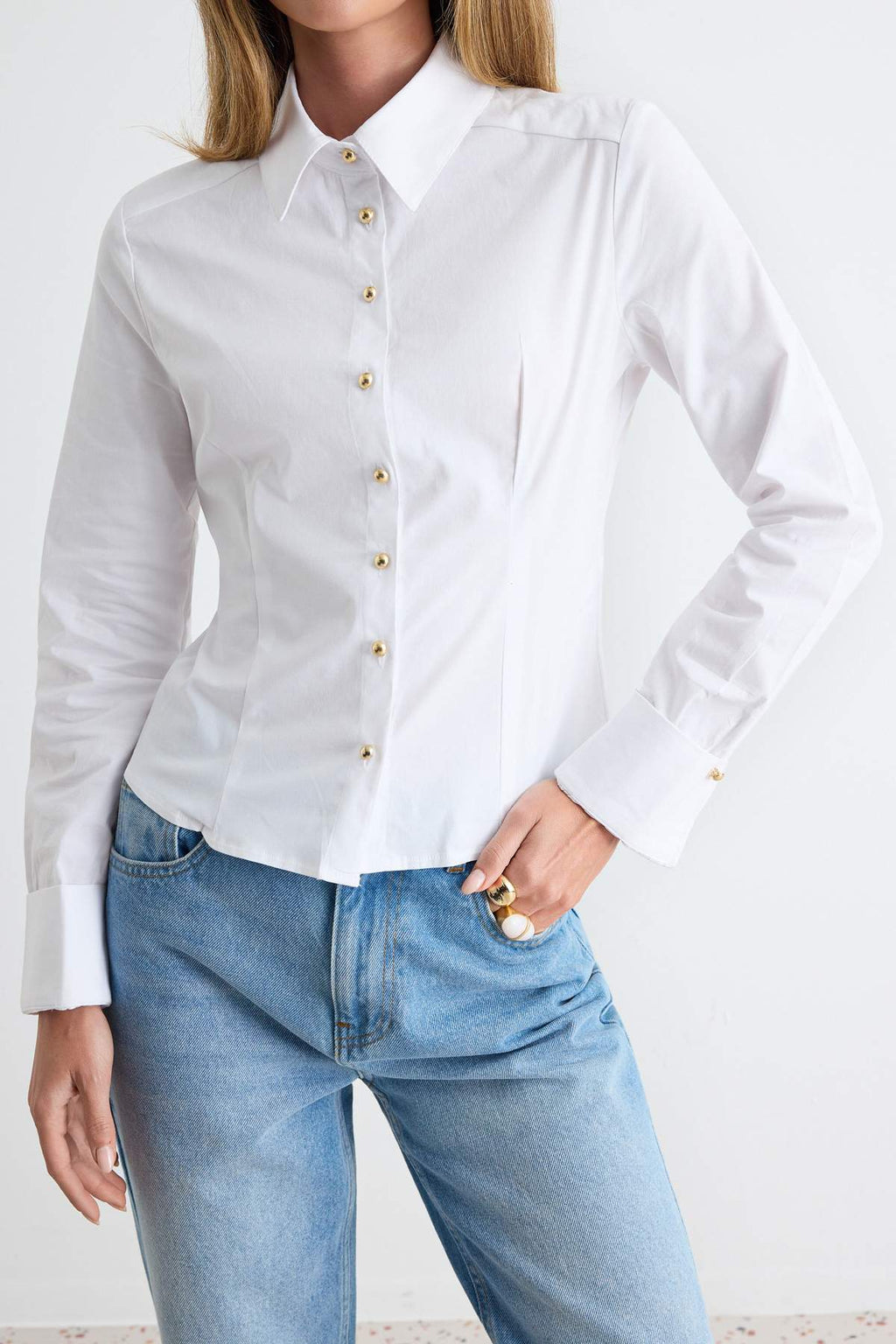 Gold Button Detail Fitted Long Sleeve Shirt