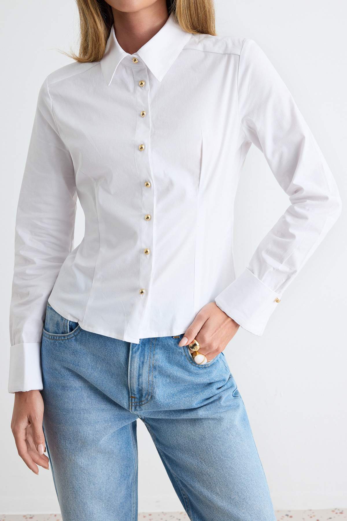 Gold Button Detail Fitted Long Sleeve Shirt