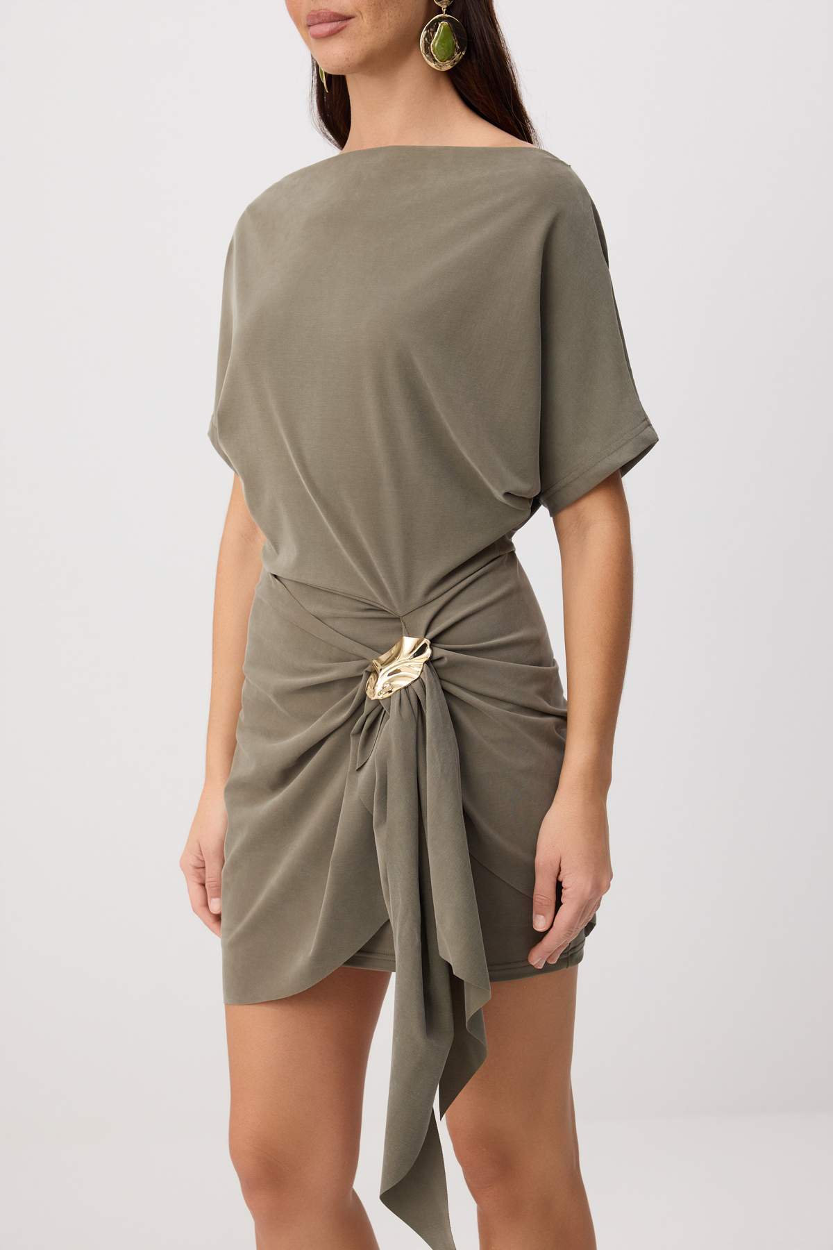 Premium Lyocell Boat Neck Drop Shoulder A-Line Mini Dress