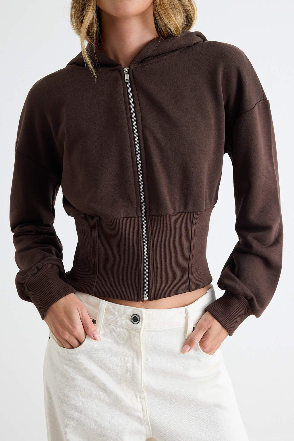 Thick Hooded Zip Through Cropped Sweatshirt