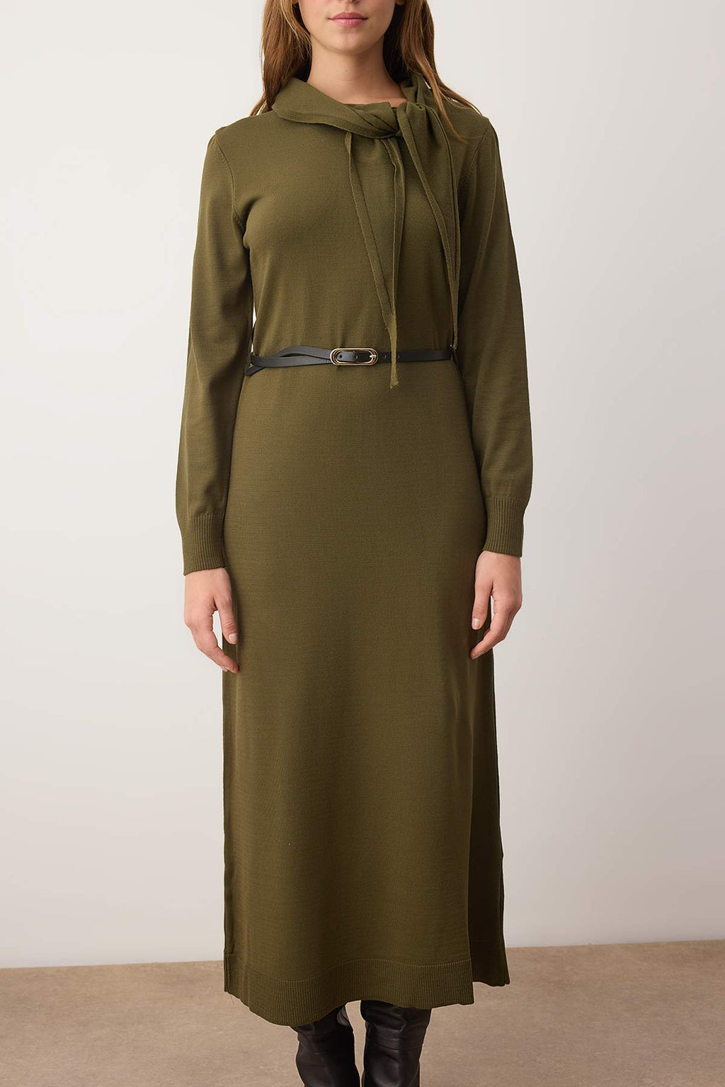 Shawl Collar Detail Long Sleeve Midi Knit Dress