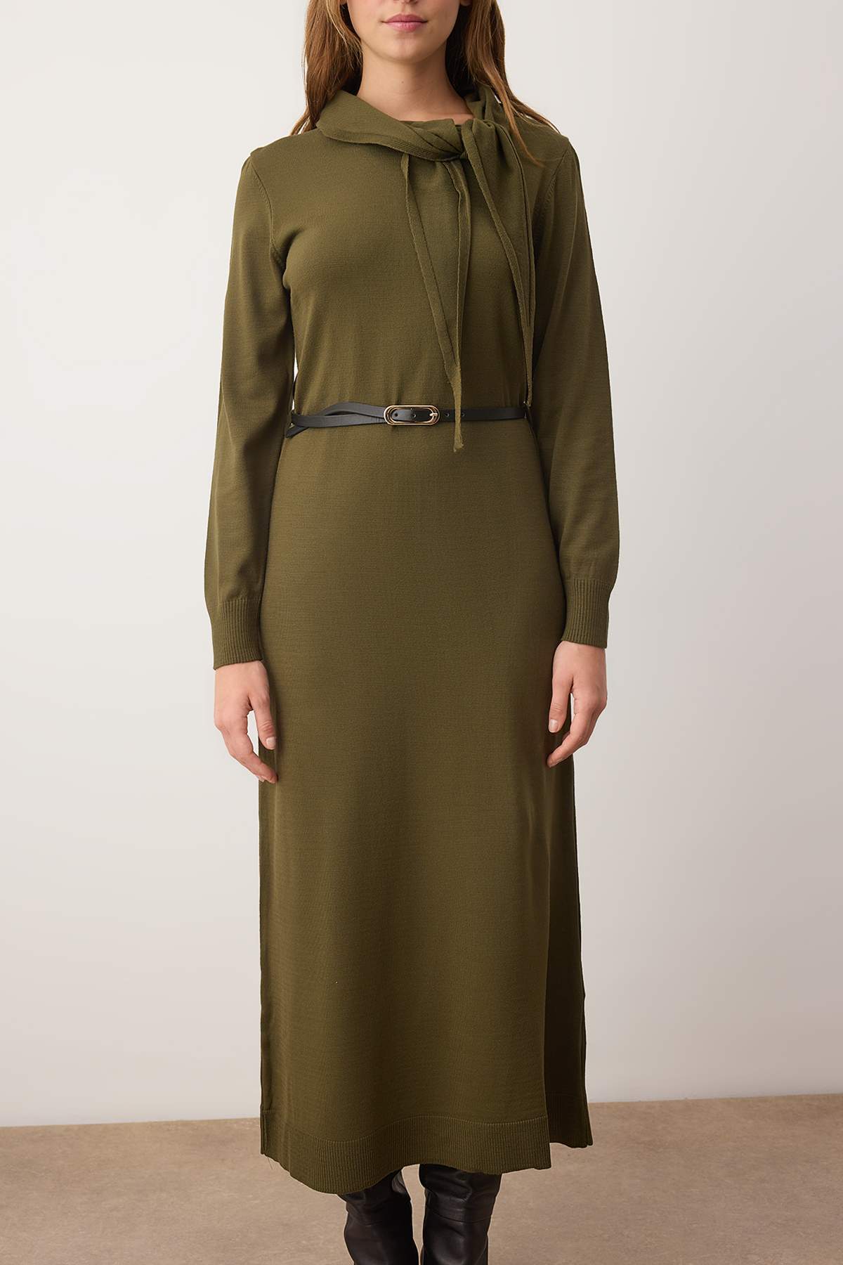 Shawl Collar Detail Long Sleeve Midi Knit Dress