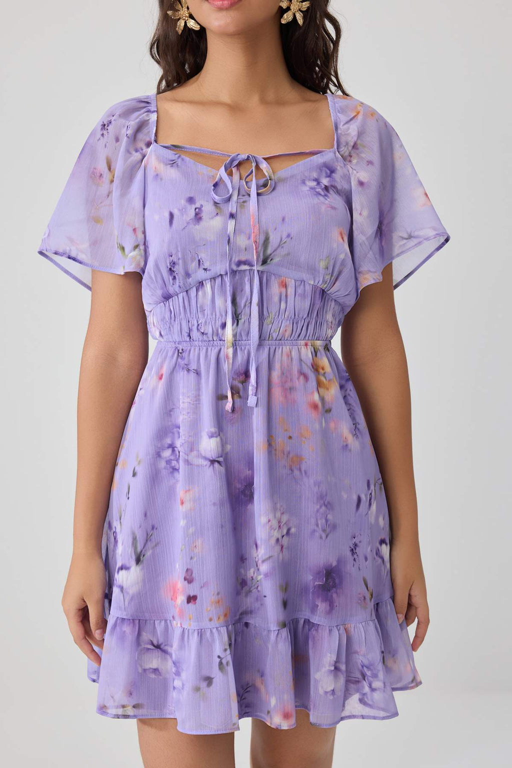 Heart Neck Angel Sleeve A-Line Mini Dress
