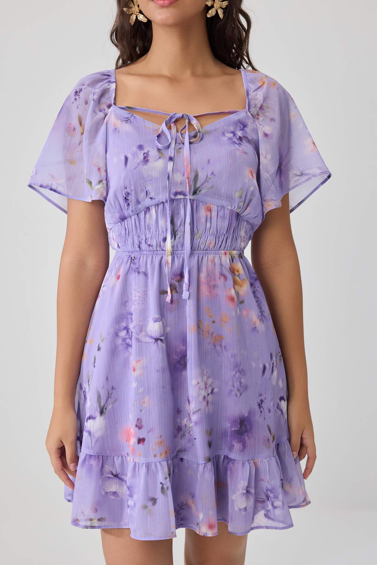 Heart Neck Angel Sleeve A-Line Mini Dress