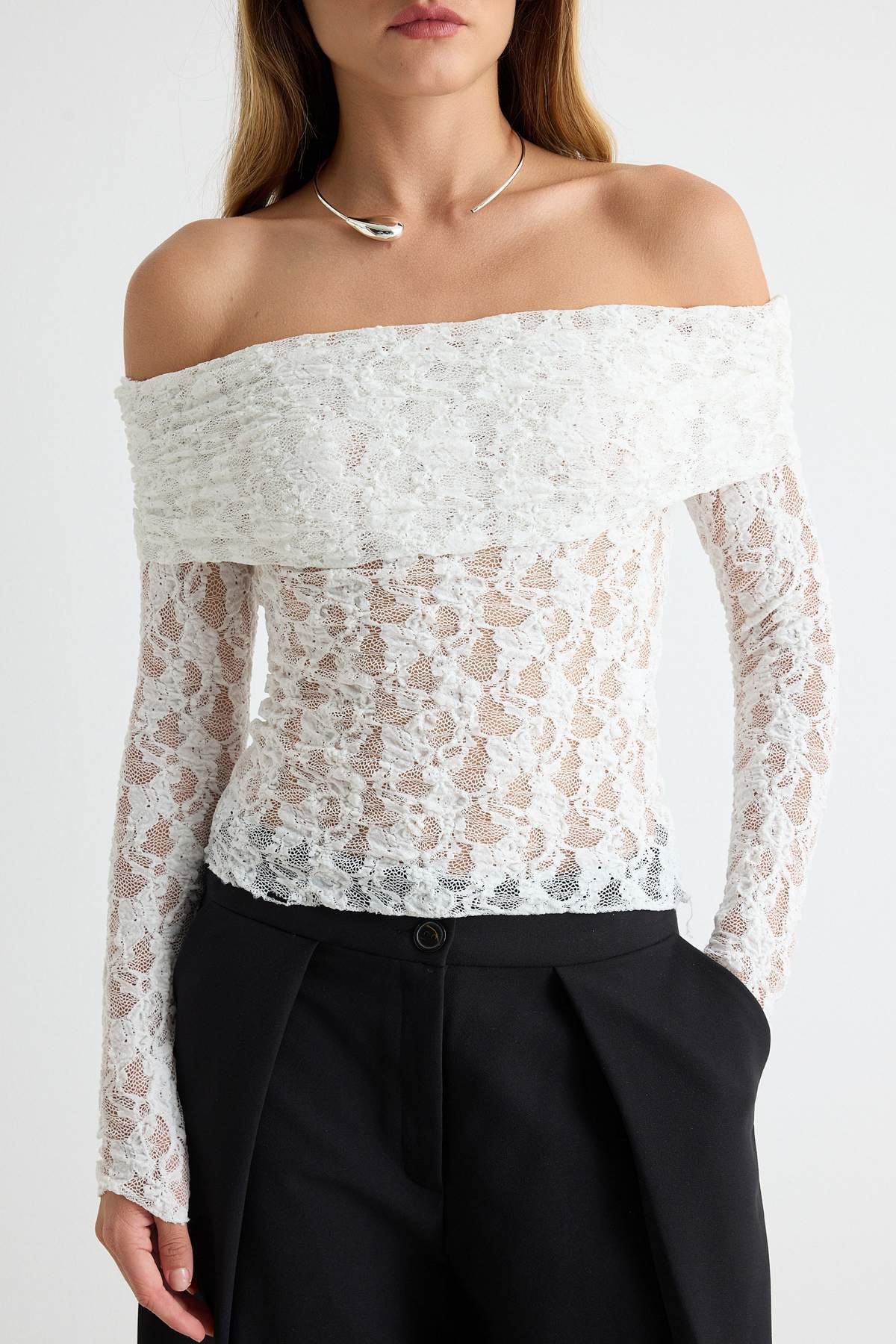 Fitted Carmen Neck Long Sleeve Lace Knit Blouse