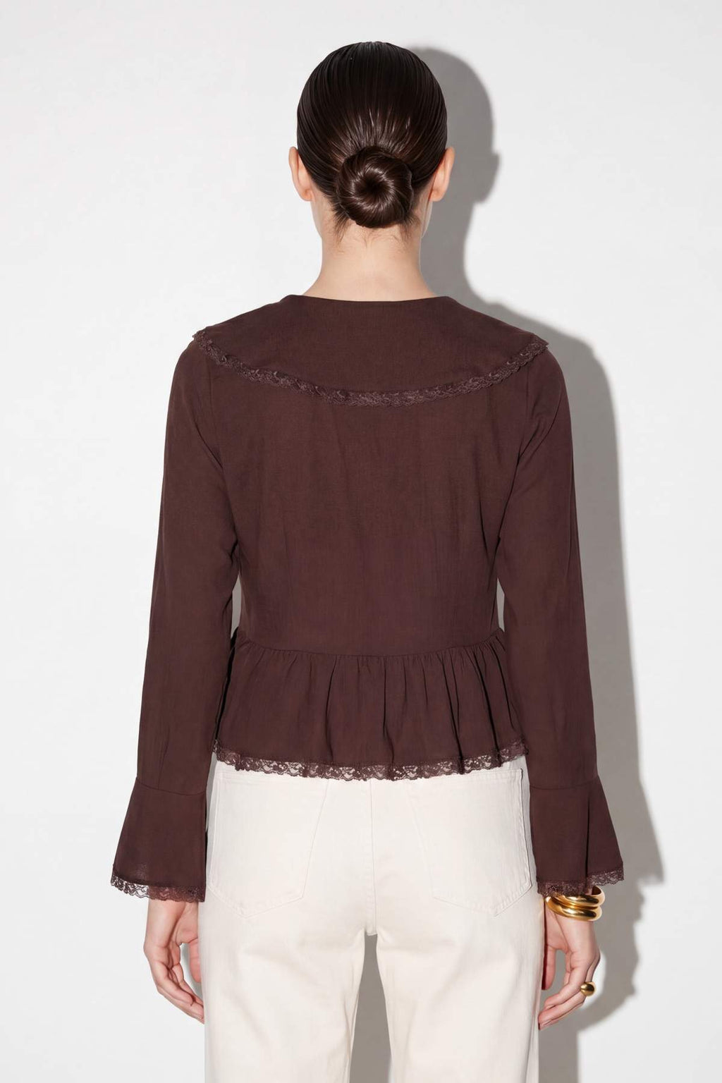 V Neck Long Sleeve Tie Front Lace Detail Blouse