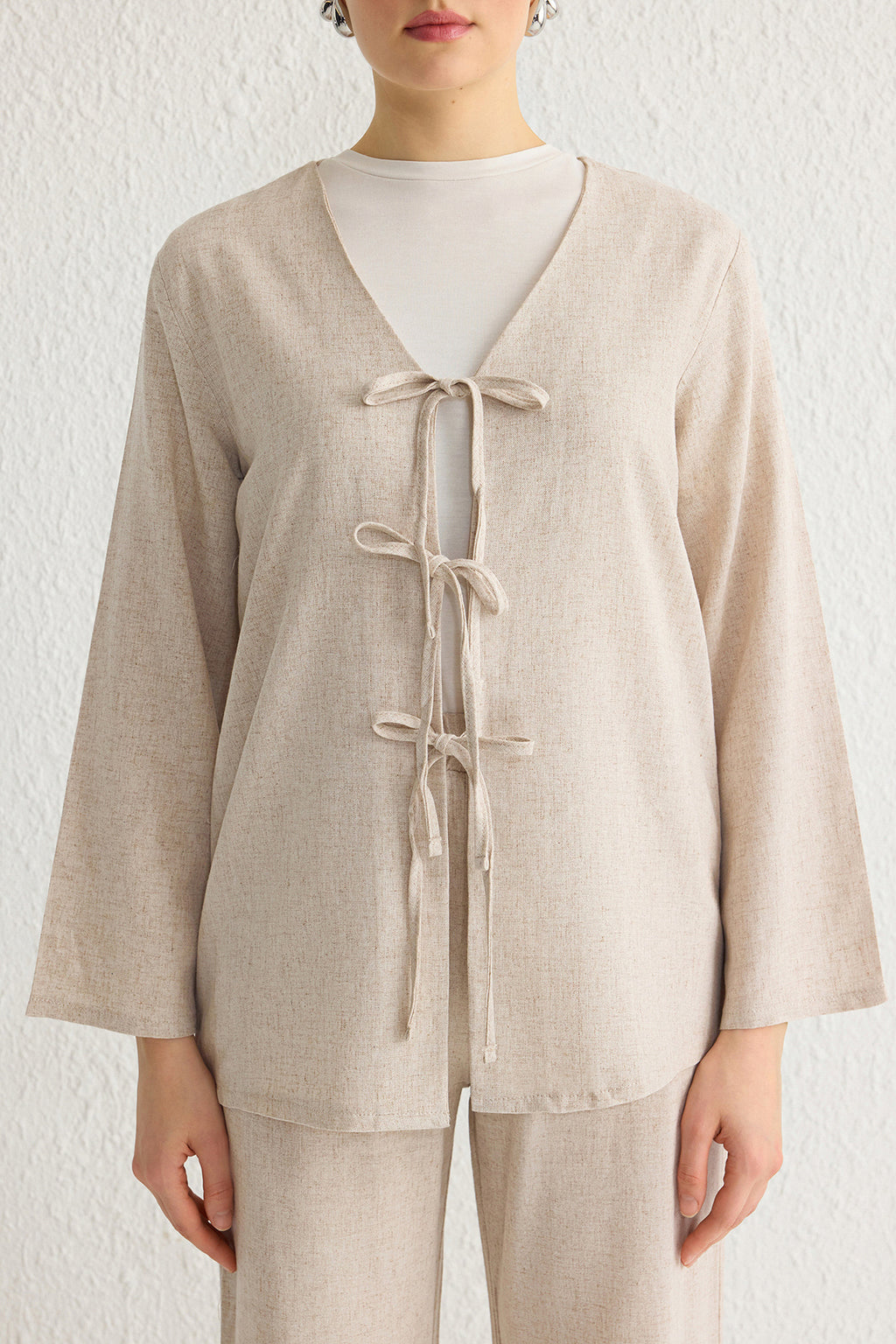 2-Piece Linen Look Tie Detail Top and Wide Leg Trouser Co-ord Set