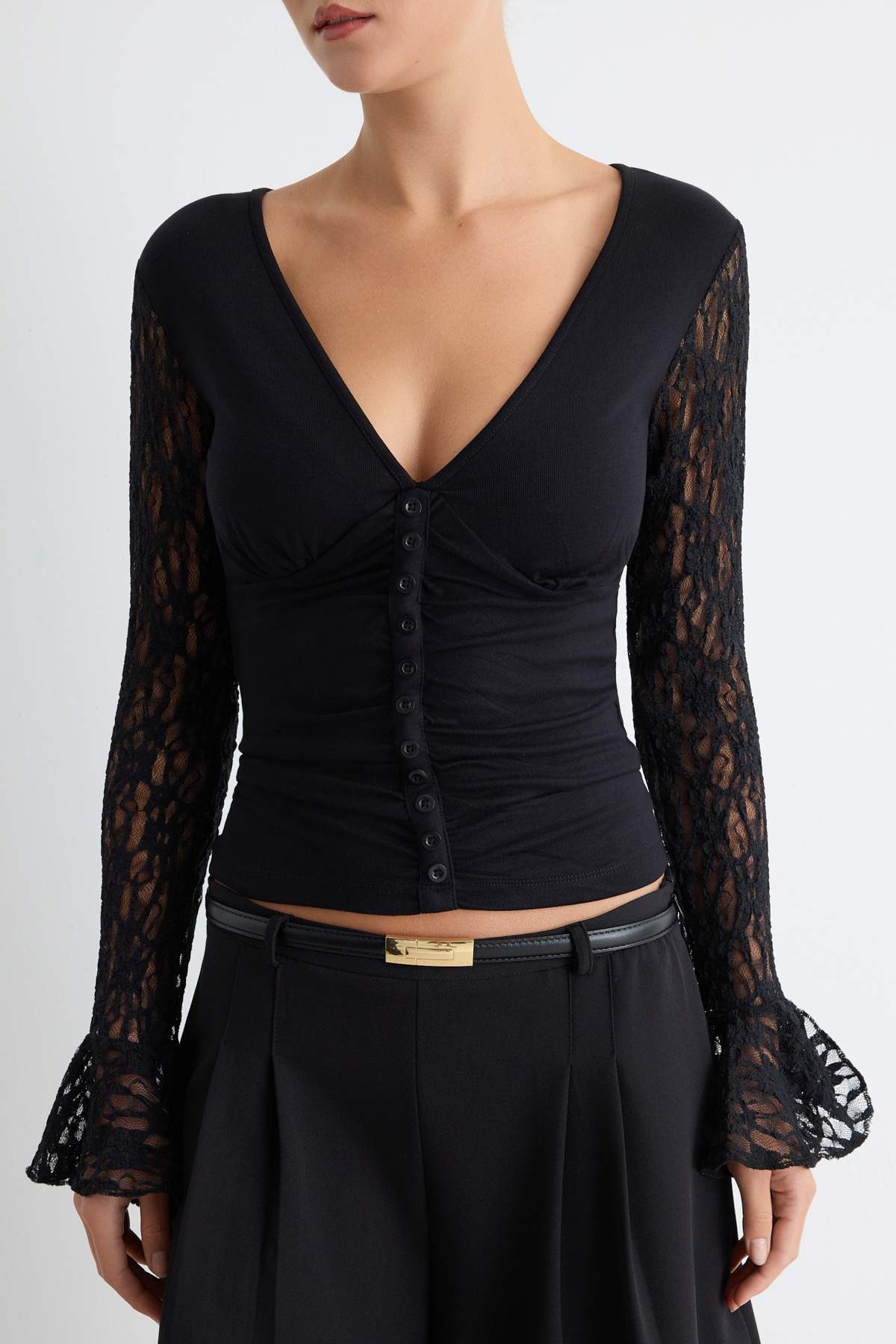 V Neck Long Sleeve Lace Detail Fitted Blouse