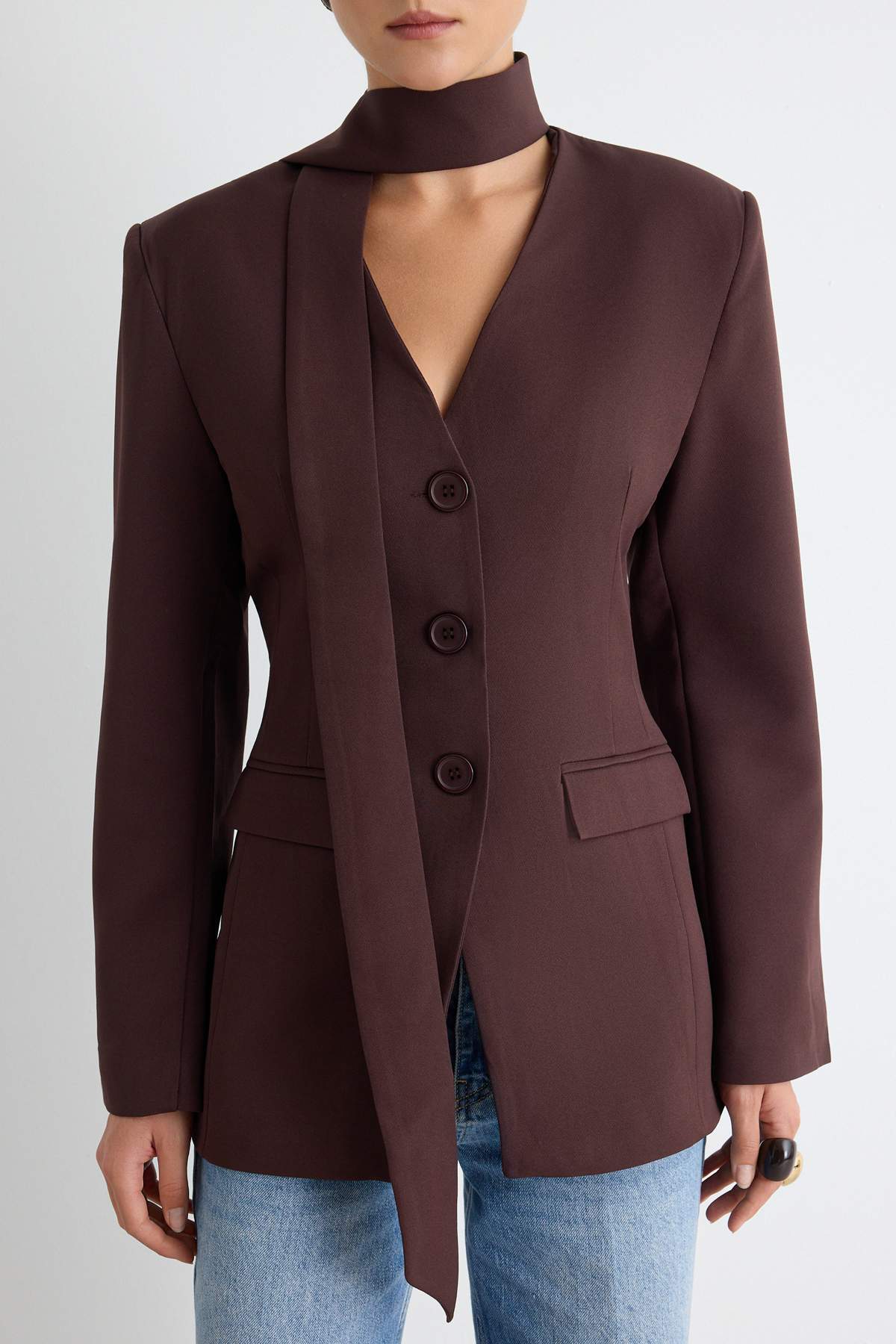 Fitted Scarf Neck Long Sleeve Blazer Jacket