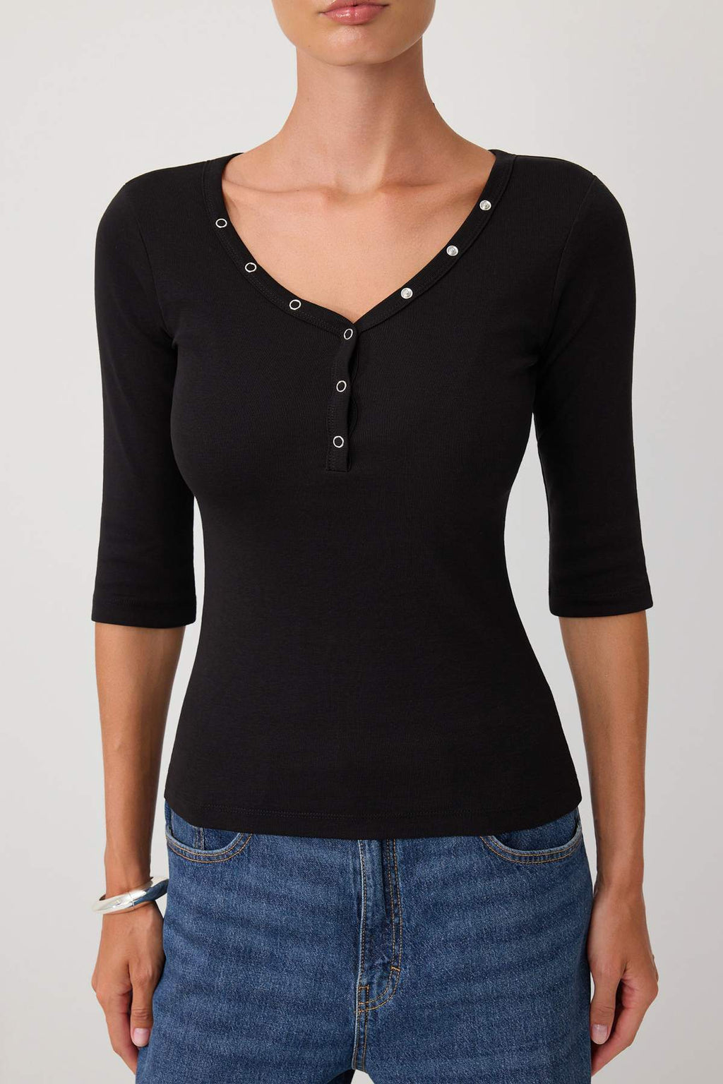 Fitted V Neck Button Front Ribbed Long Sleeve Blouse