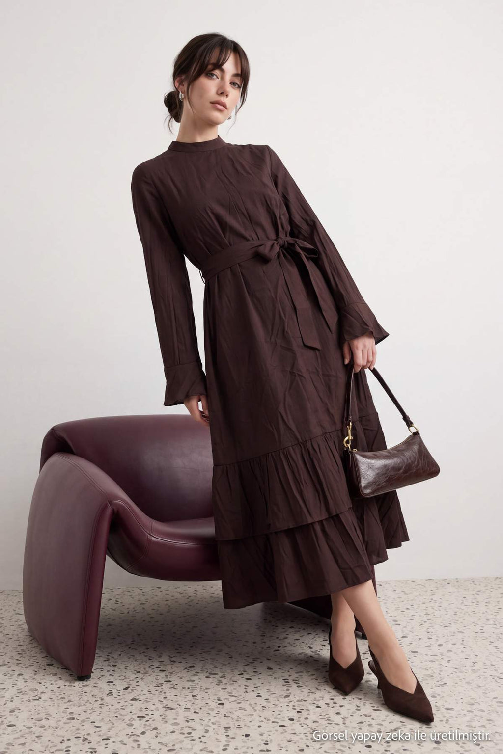 High Neck Long Sleeve A-Line Maxi Dress