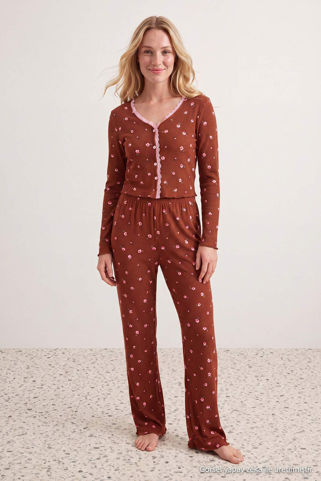 V Neck Long Sleeve Ribbed Pyjama Set