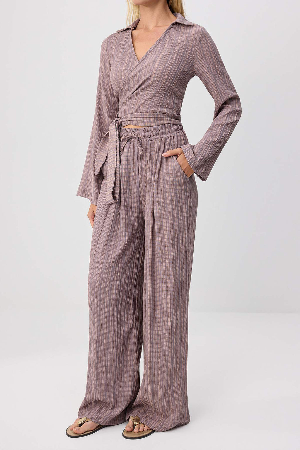 2-Piece Crossover Blouse Relaxed Fit Trouser Co-ord Set