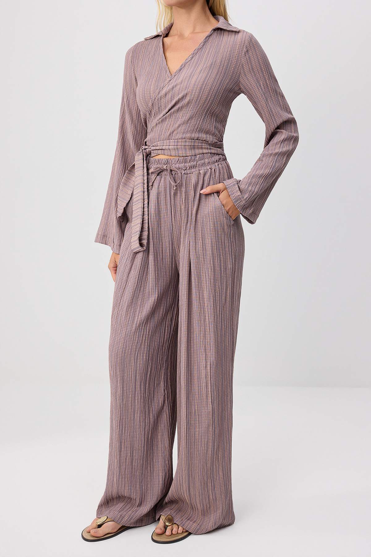 2-Piece Crossover Blouse Relaxed Fit Trouser Co-ord Set