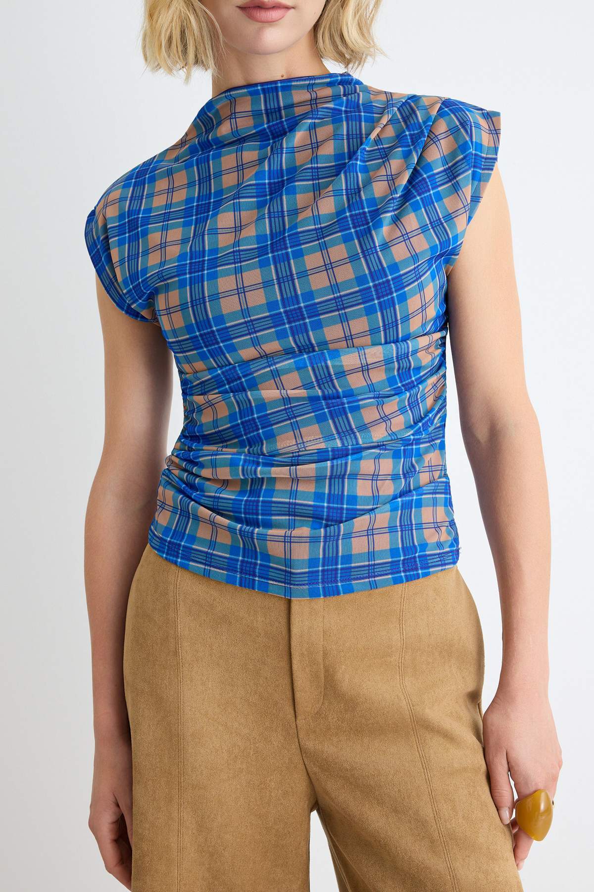 High Neck Sleeveless Fitted Mesh Blouse