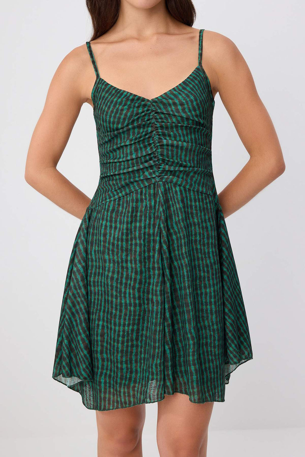 V Neck Sleeveless Gathered Mini Dress