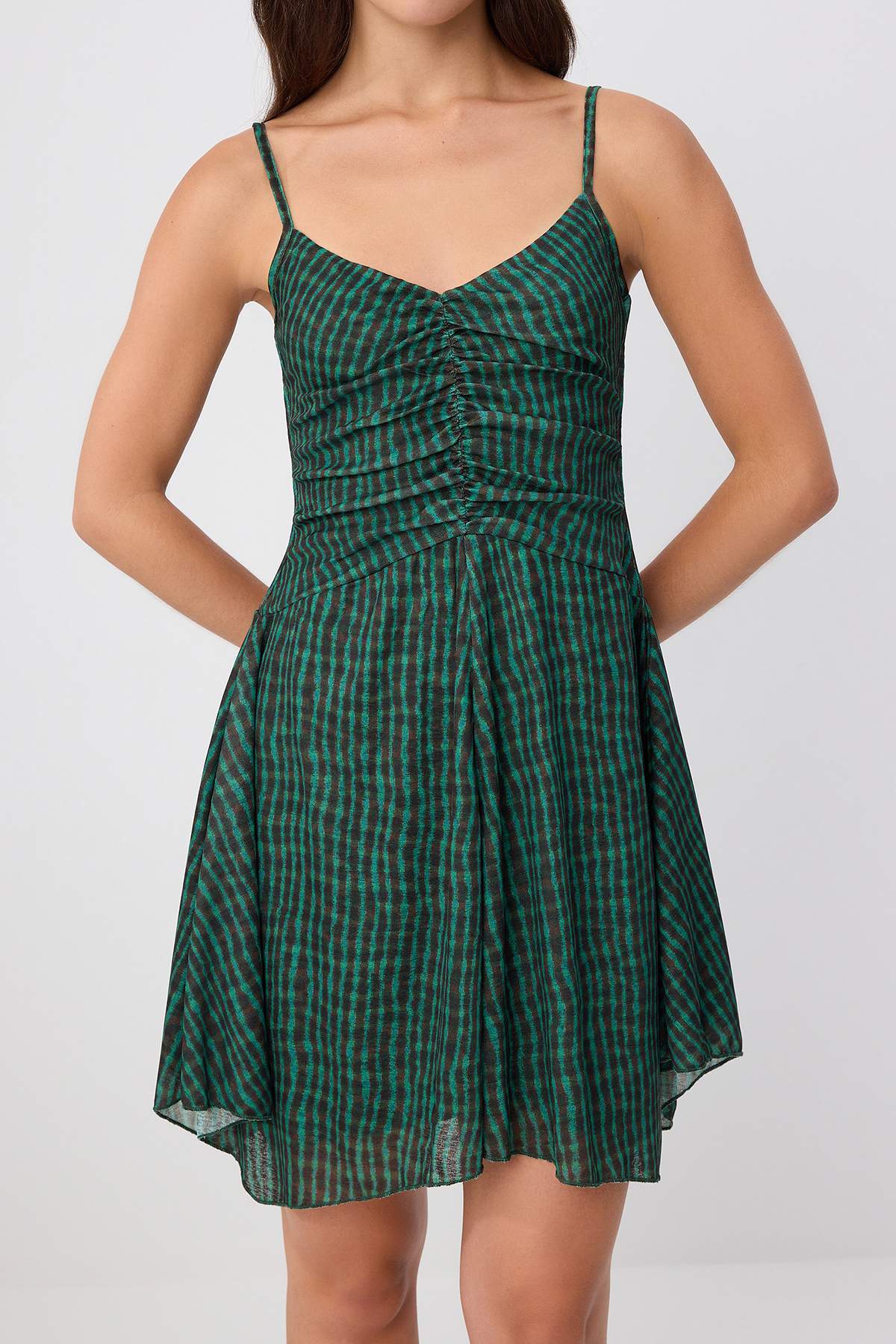 V Neck Sleeveless Gathered Mini Dress