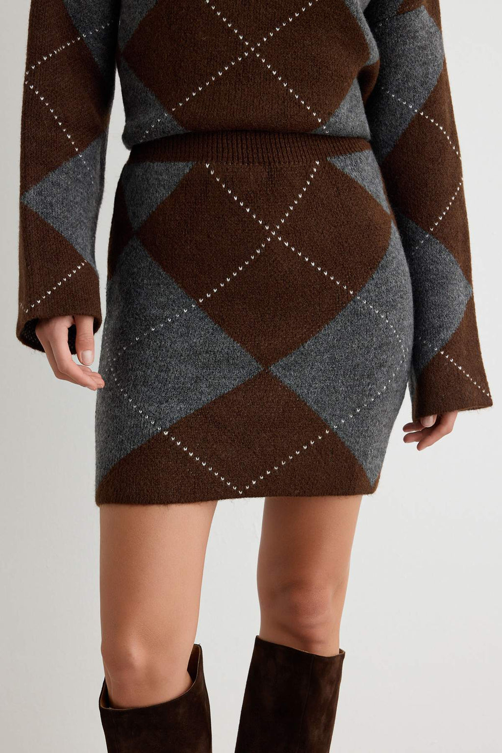 2-Piece High Neck Long Sleeve Cable Knit Jumper and Skirt Co-ord