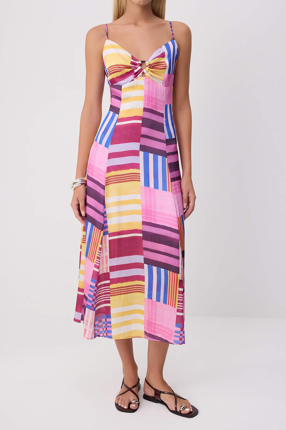 V Neck Sleeveless Slip Midi Satin Dress
