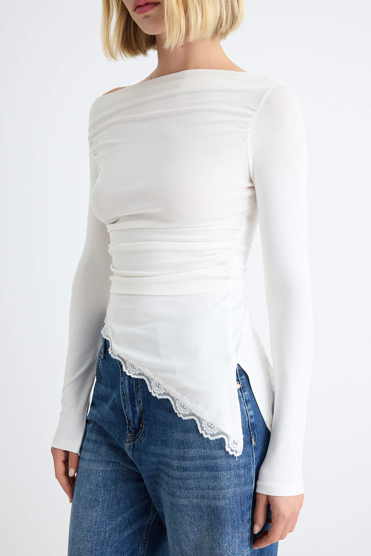 Fitted Boat Neck Long Sleeve Lace Detail Ribbed Blouse