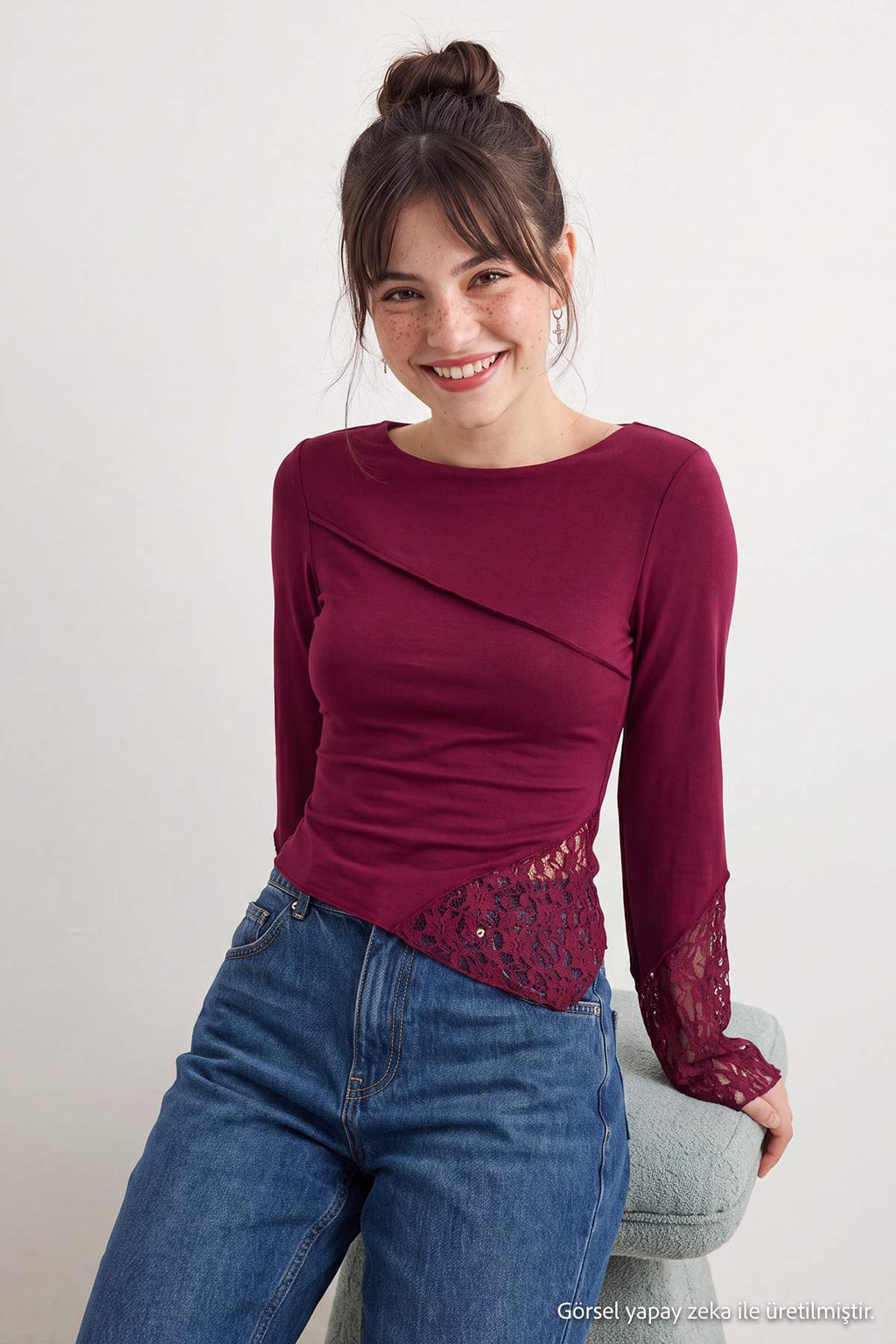 Boat Neck Spanish Sleeve Lace Detail Fitted Blouse