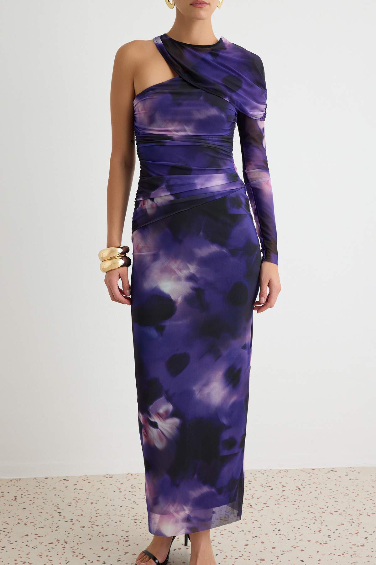 Asymmetric Neck One Sleeve Shift Maxi Dress