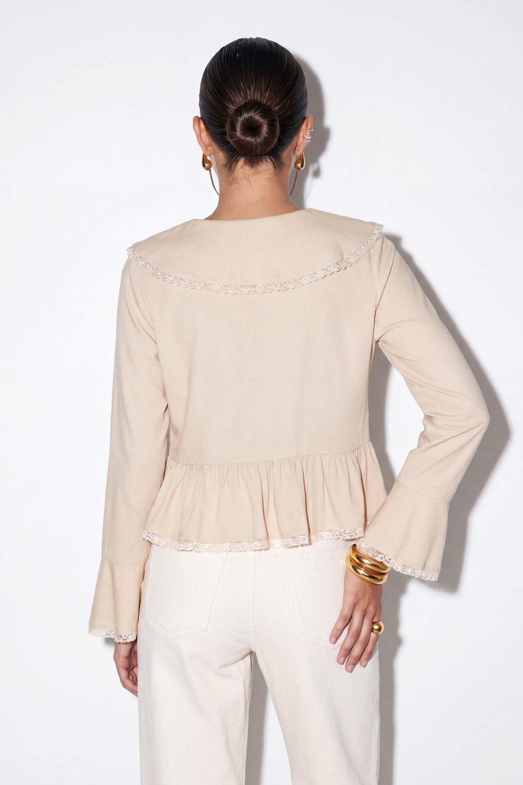 V Neck Long Sleeve Tie Front Lace Detail Blouse