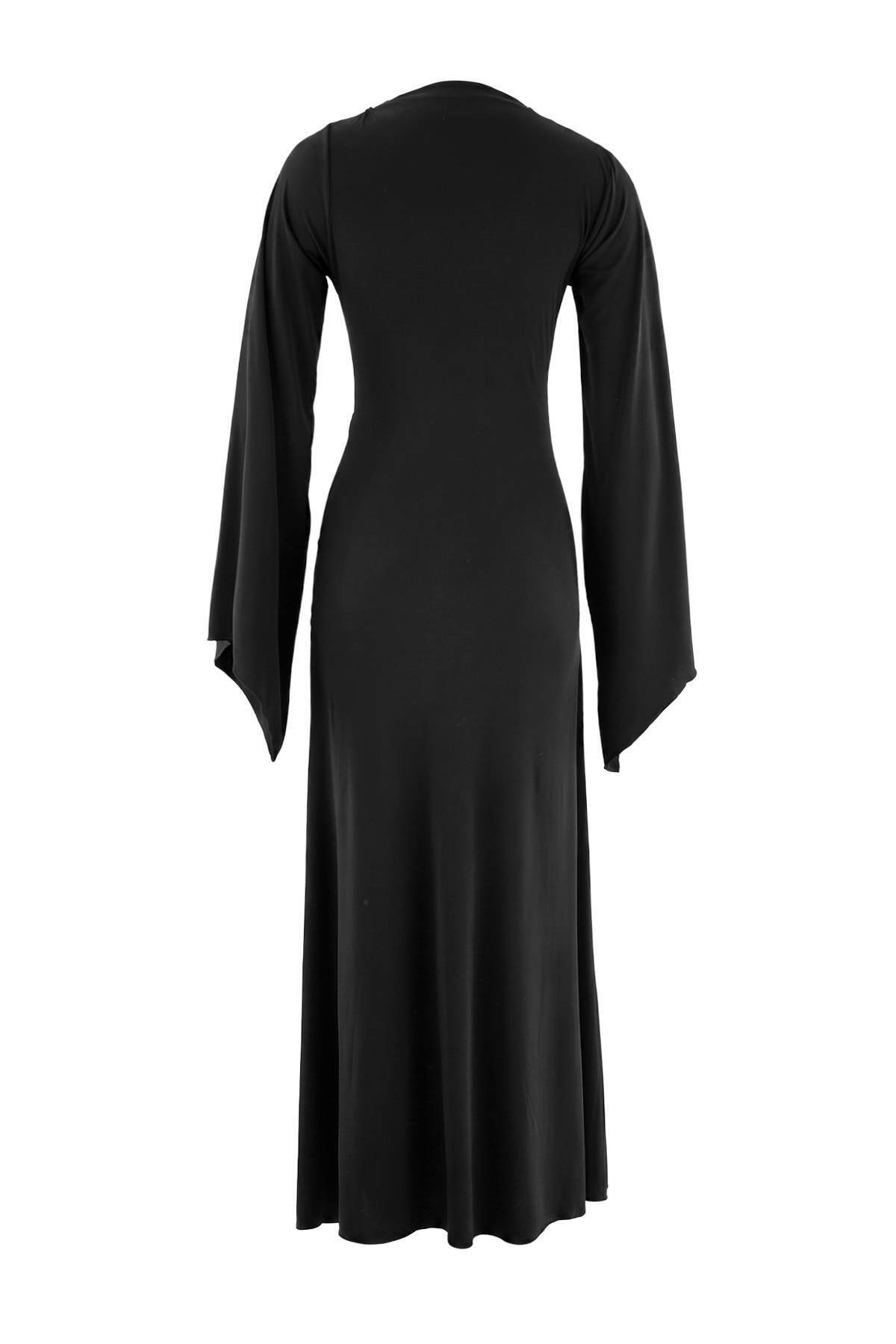 High Neck Long Sleeve Tie Waist A-Line Maxi Dress