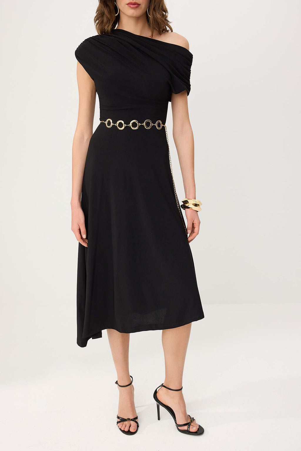 Off Shoulder Ruched Sleeve Chain Belt Midi Party Dress