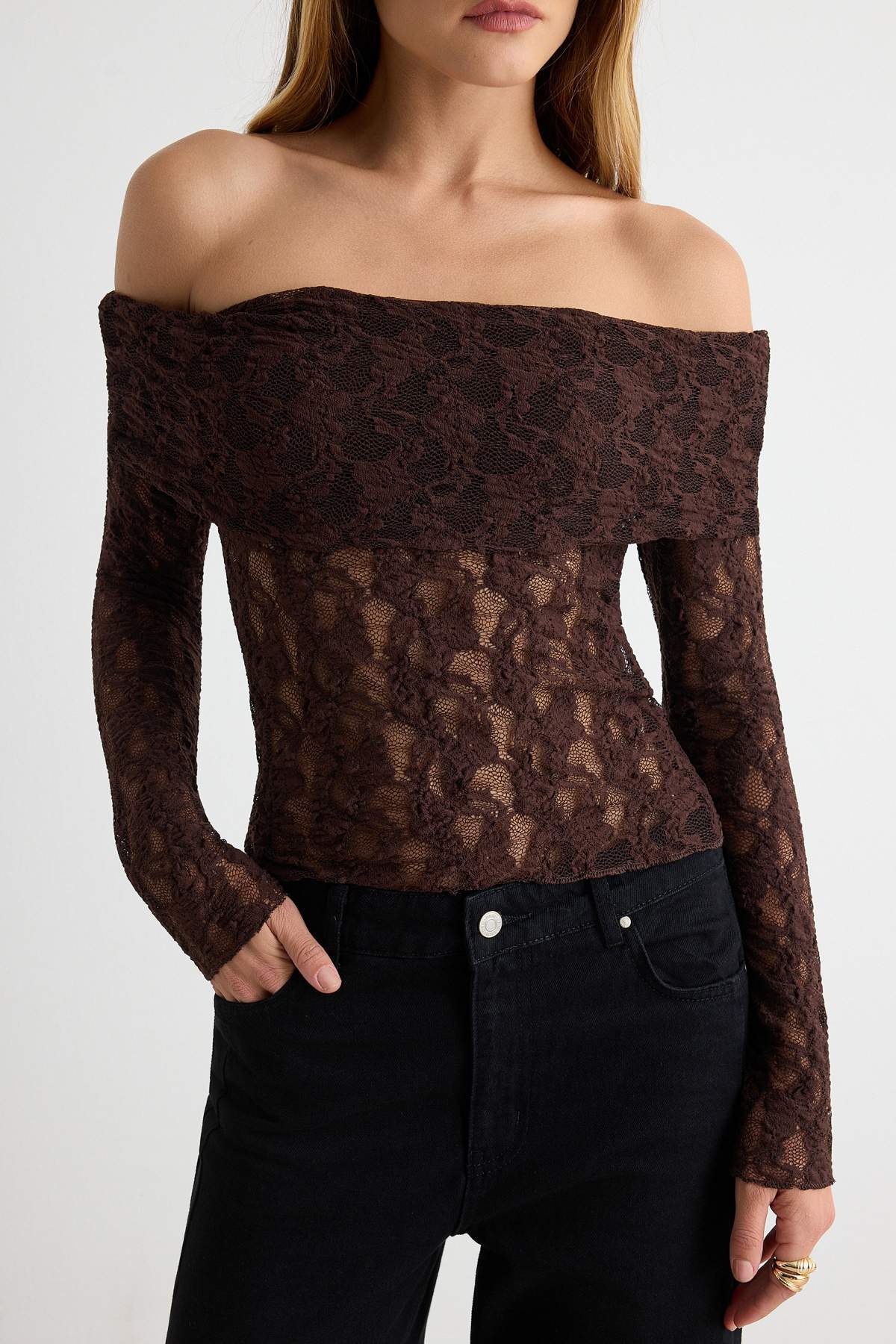 Fitted Carmen Neck Long Sleeve Lace Knit Blouse