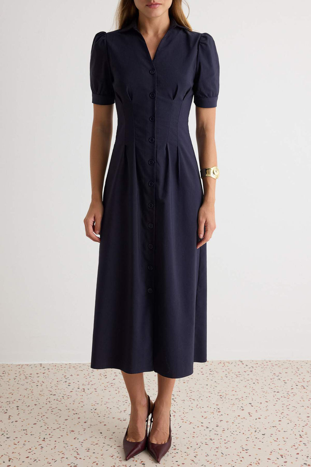 Shirt Collar Long Sleeve Button Front Midi Dress