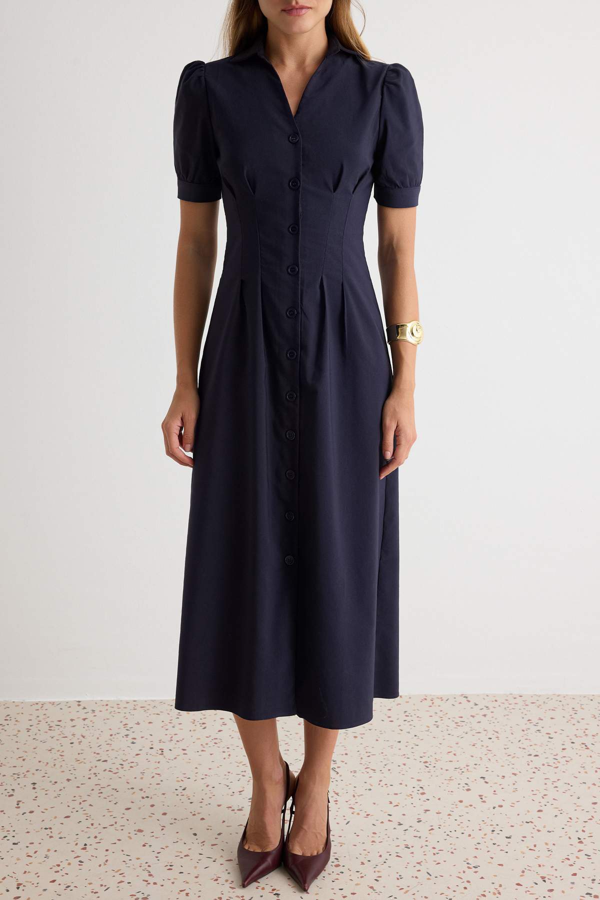 Shirt Collar Long Sleeve Button Front Midi Dress