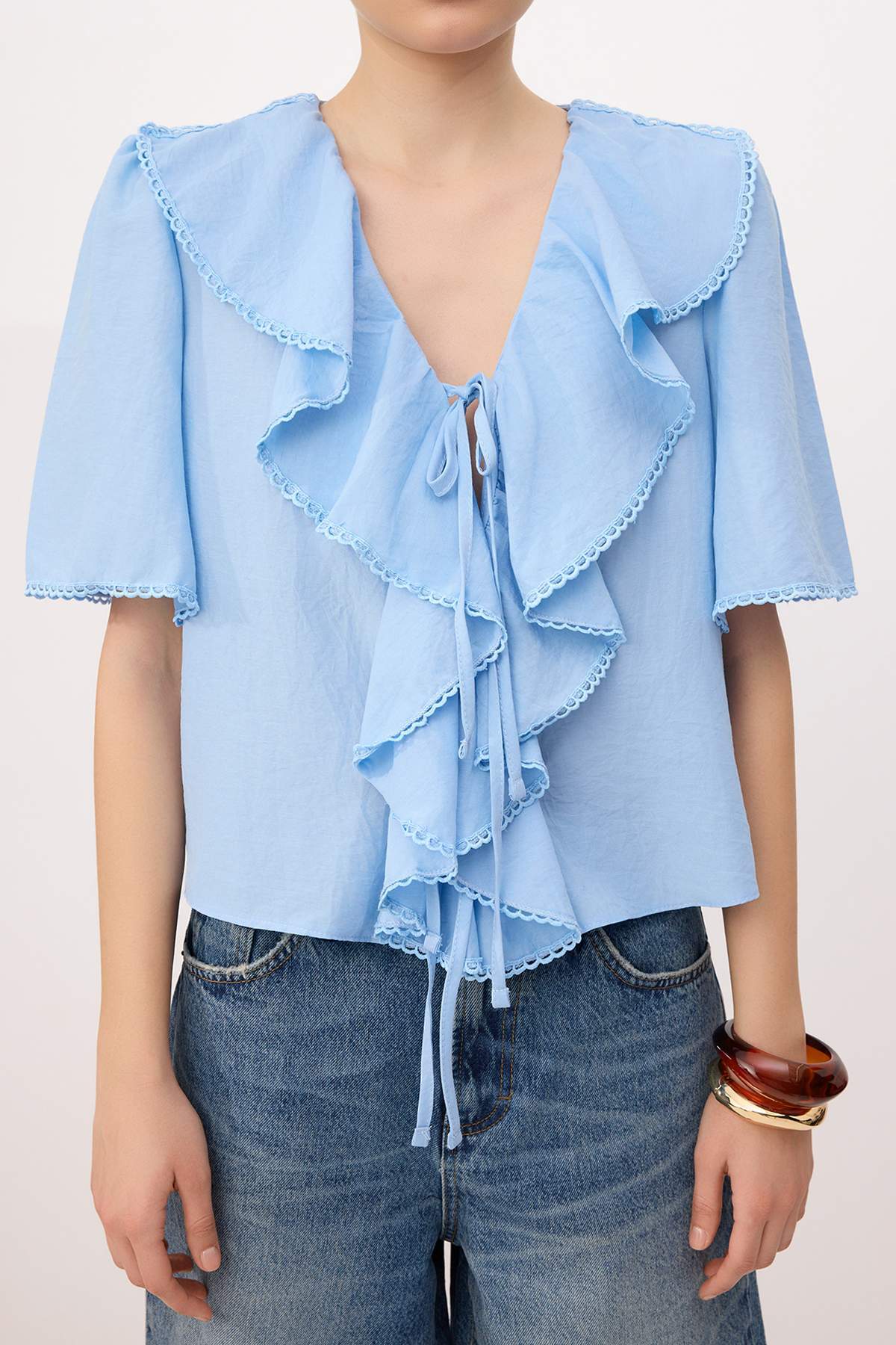 V Neck Tie Front Frill Detail Long Sleeve Blouse