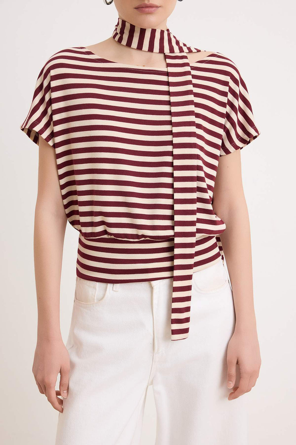 Boat Neck Batwing Sleeve Belted Knit Blouse