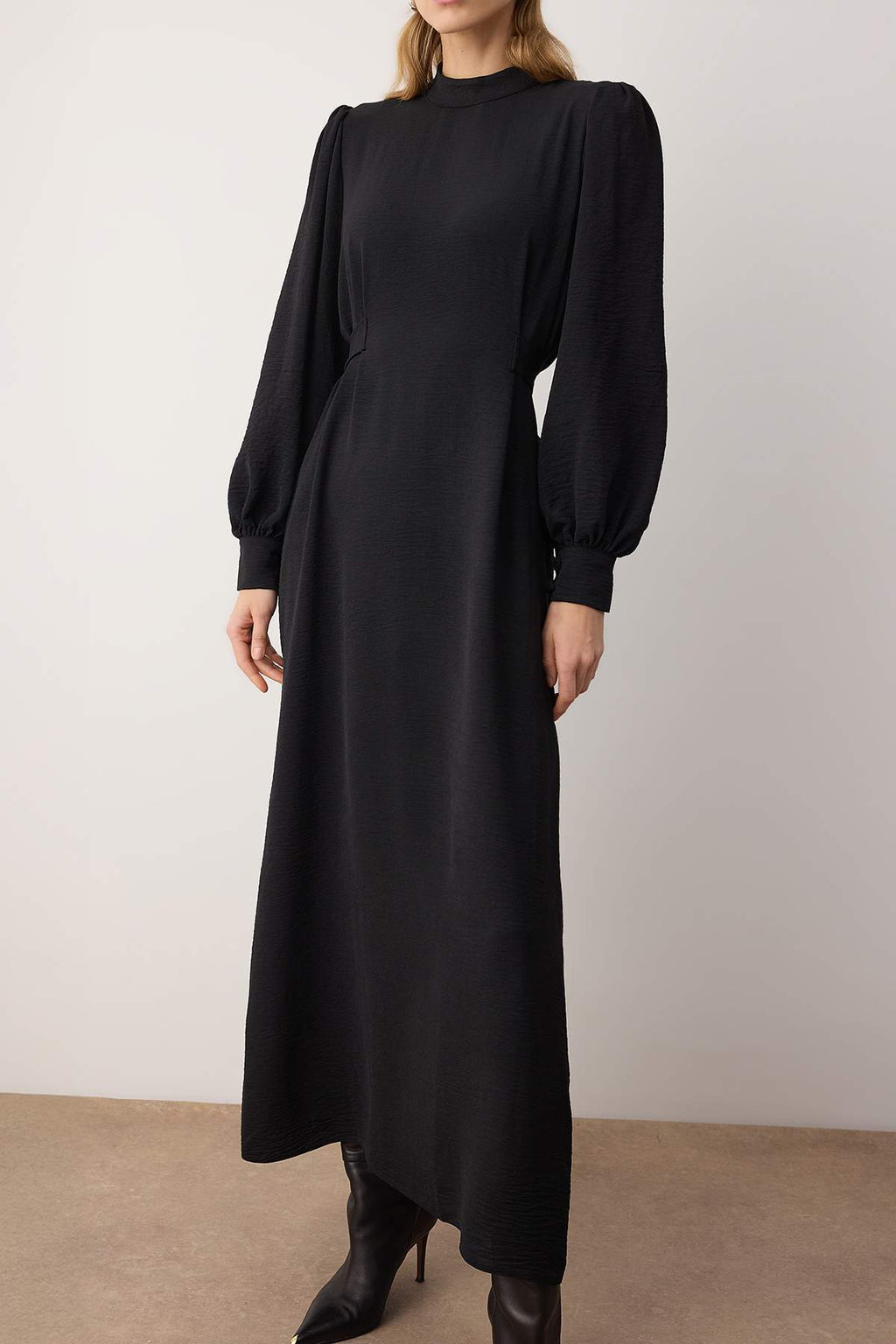 Stand Collar Balloon Sleeve Back Tie Detail Midi Dress