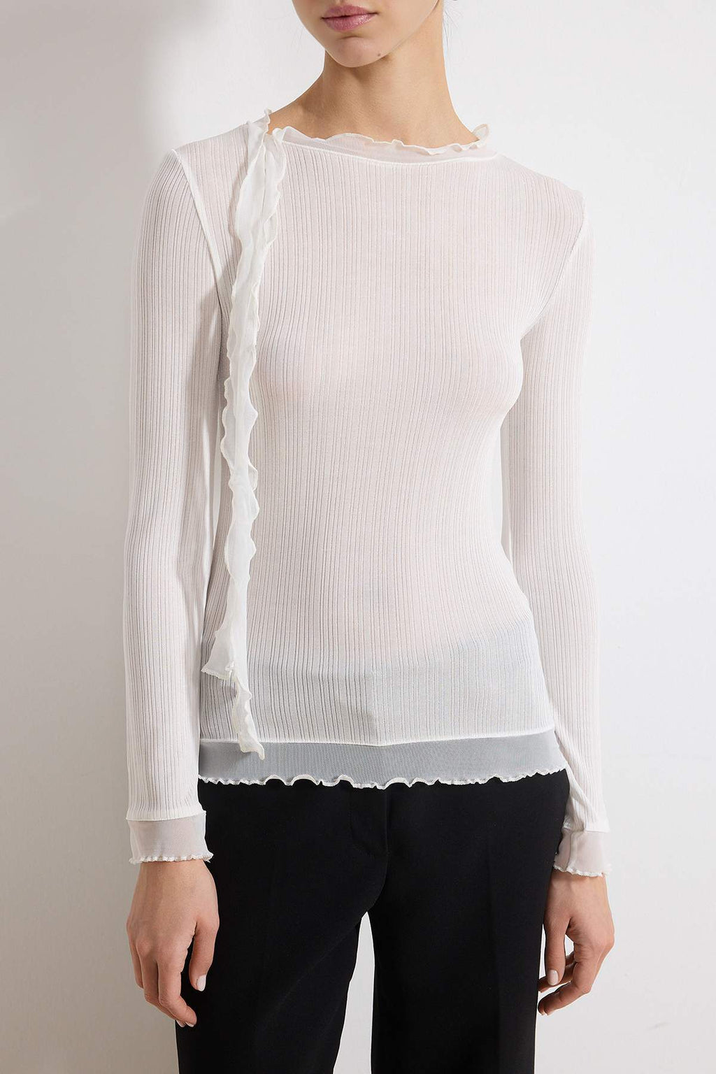 Transparent Fitted Long Sleeve Frill Detail Textured Knit Blouse