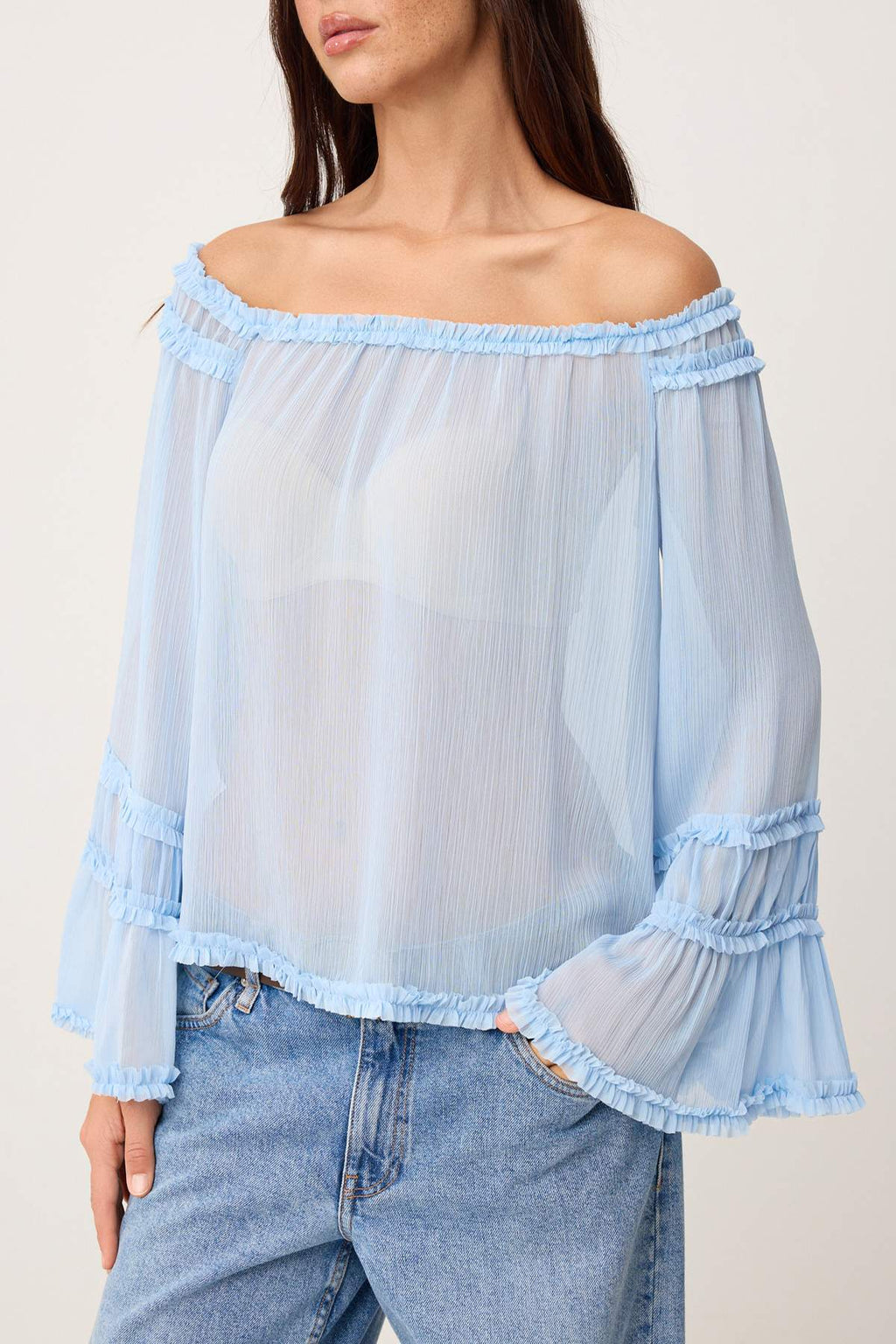 Carmen Neck Ruffle Detail Sheer Woven Blouse