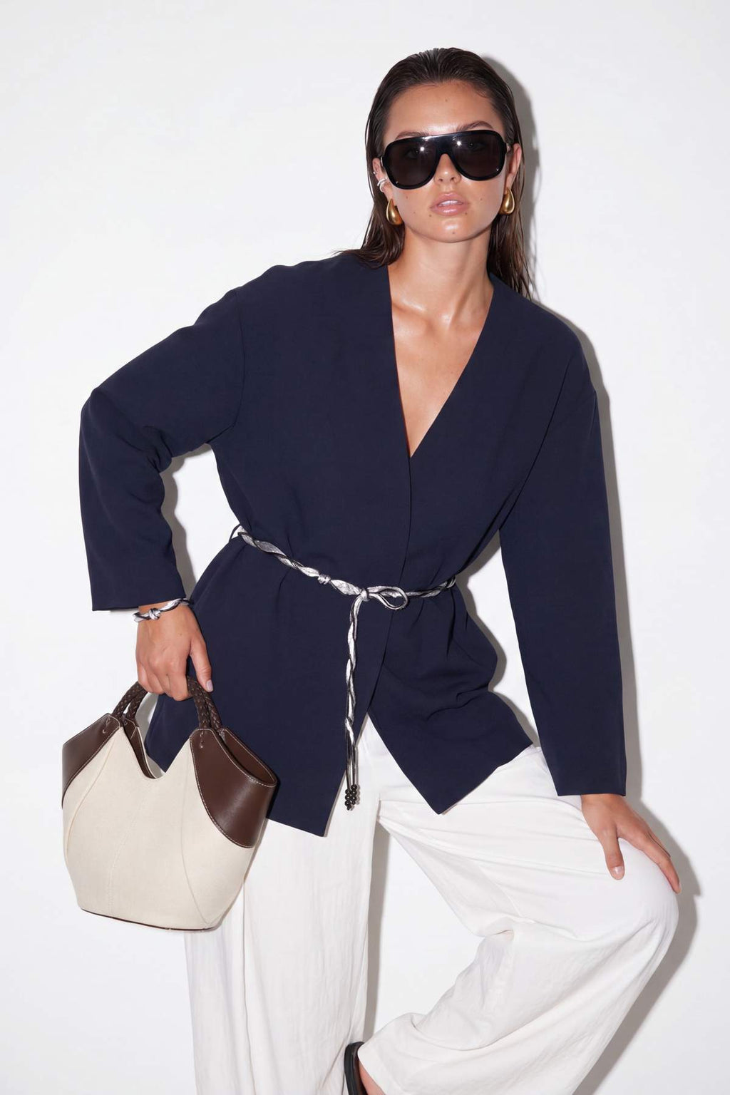 Collarless Belted Relaxed Fit Long Sleeve Jacket