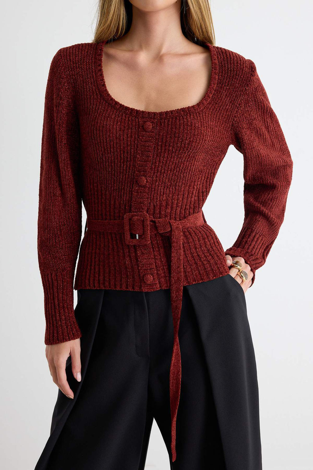 Chenille Long Sleeve Belted Knitted Sweater