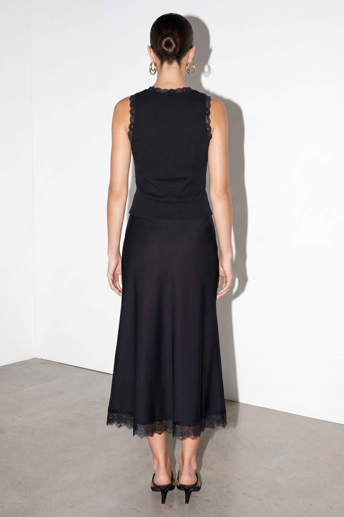 Lace Hem Elasticated Waist Maxi Satin Skirt
