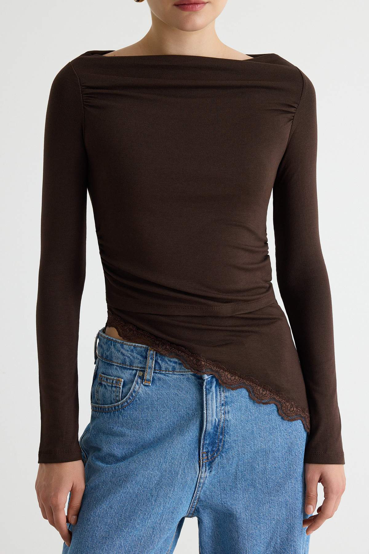Fitted Boat Neck Long Sleeve Lace Detail Ribbed Blouse