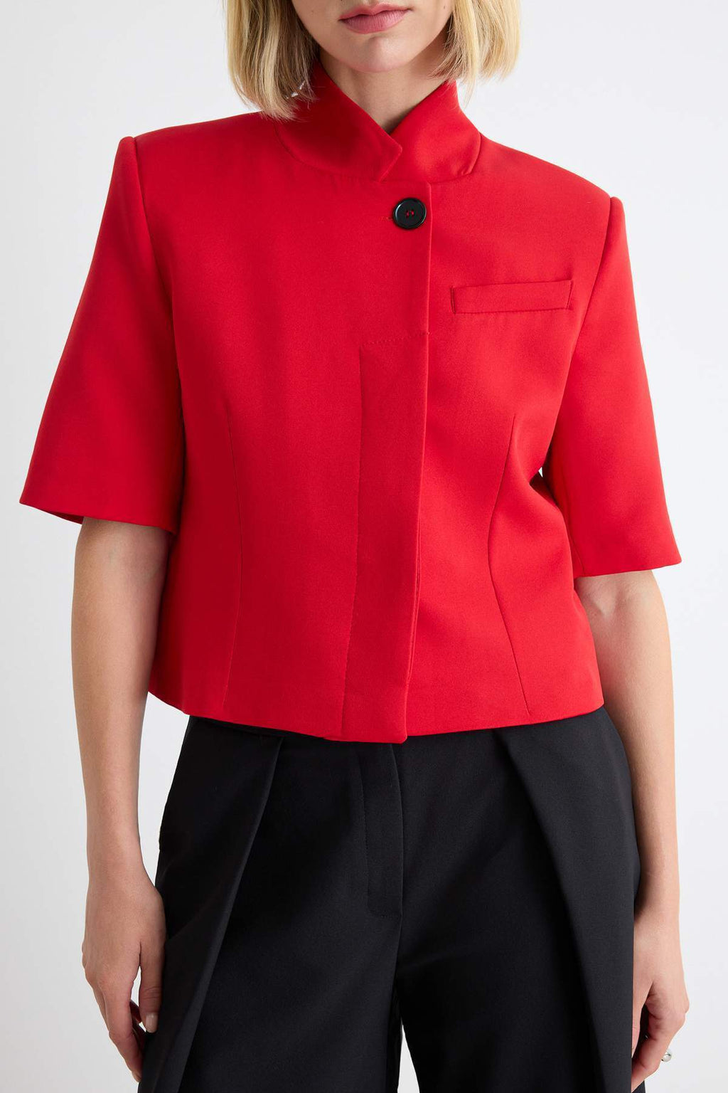 High Neck Short Sleeve Fitted Blazer Jacket