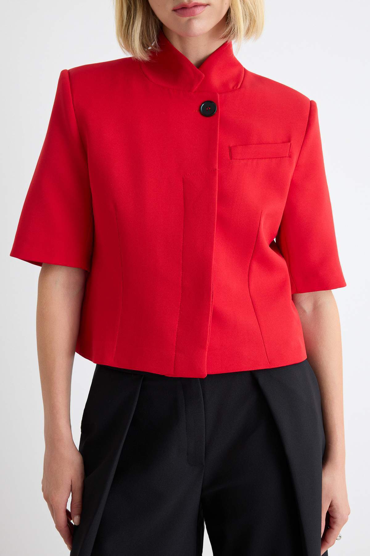 High Neck Short Sleeve Fitted Blazer Jacket