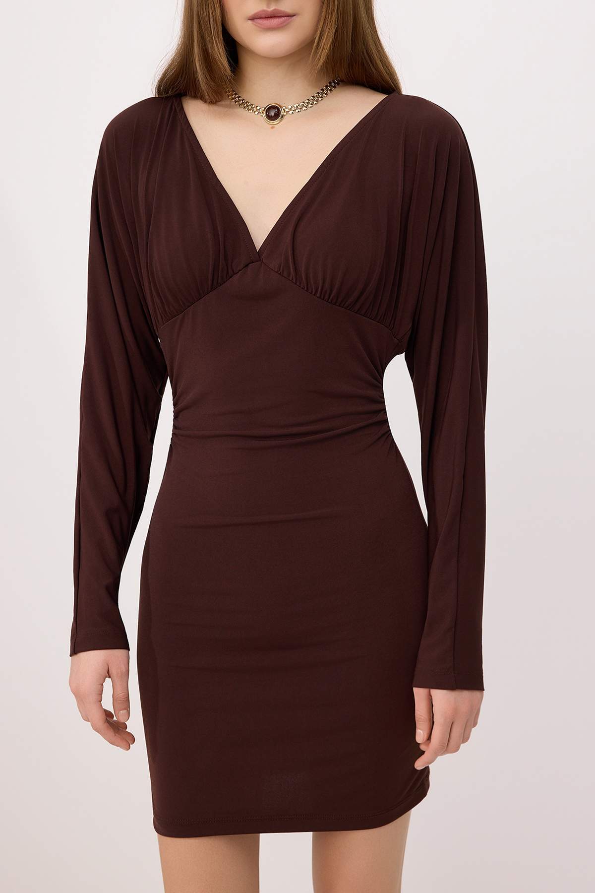 V Neck Long Sleeve Ruched Mini Bodycon Dress