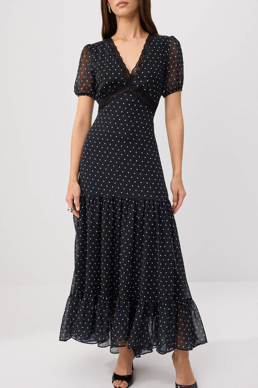 V Neck Balon Sleeve Skater Maxi Dress