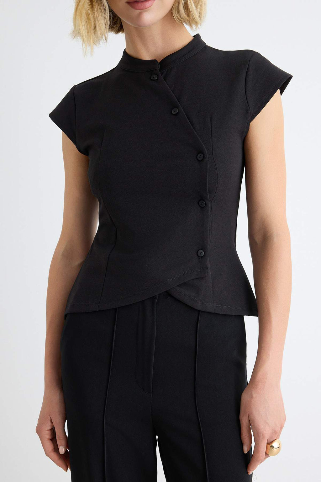 Fitted Mandarin Collar Bracelet Sleeve Button Detail Asymmetric Blouse