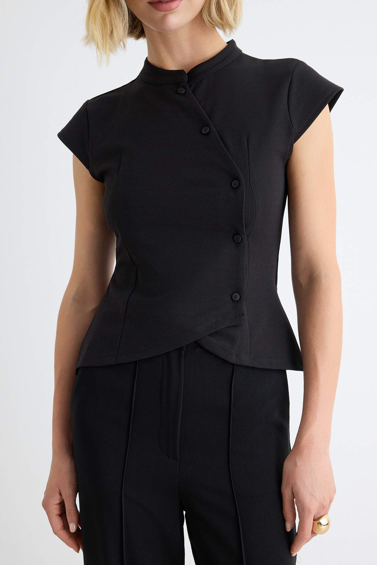 Fitted Mandarin Collar Bracelet Sleeve Button Detail Asymmetric Blouse
